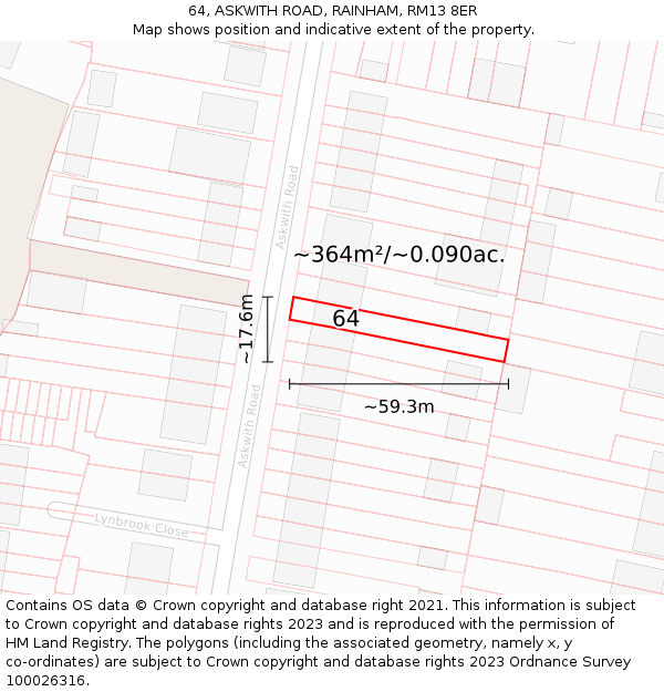 64, ASKWITH ROAD, RAINHAM, RM13 8ER: Plot and title map