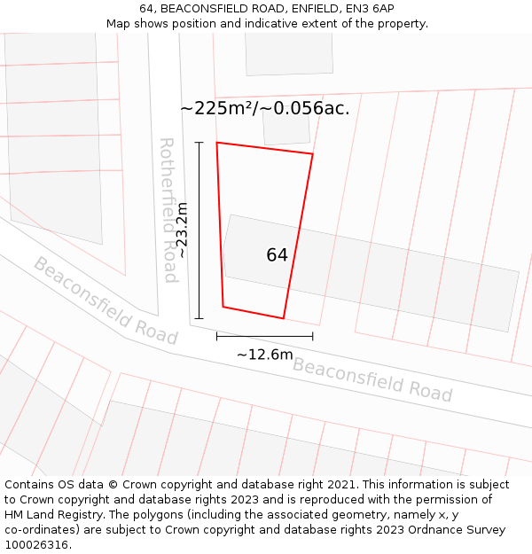 64, BEACONSFIELD ROAD, ENFIELD, EN3 6AP: Plot and title map
