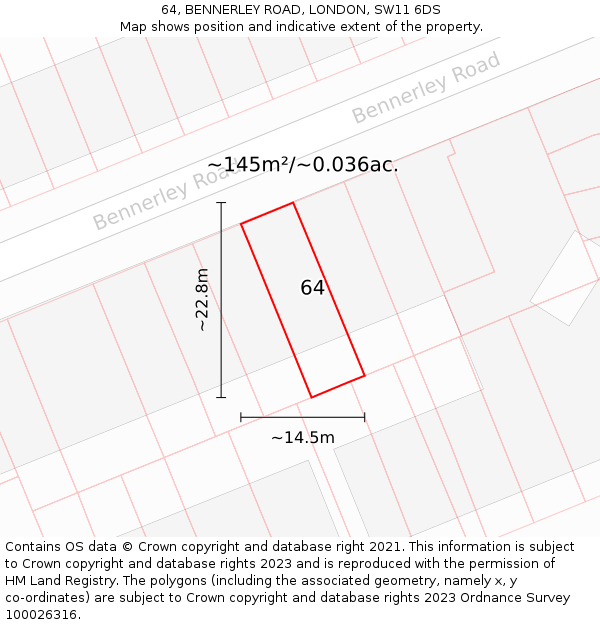 64, BENNERLEY ROAD, LONDON, SW11 6DS: Plot and title map