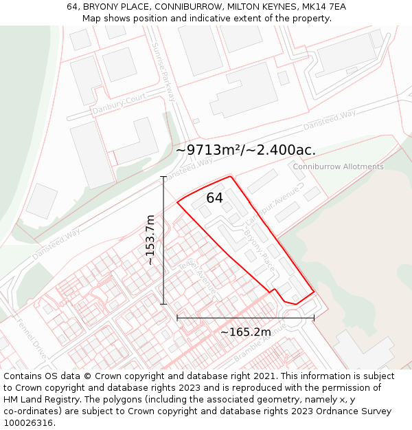 64, BRYONY PLACE, CONNIBURROW, MILTON KEYNES, MK14 7EA: Plot and title map