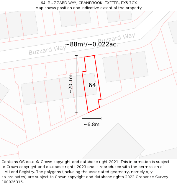 64, BUZZARD WAY, CRANBROOK, EXETER, EX5 7GX: Plot and title map