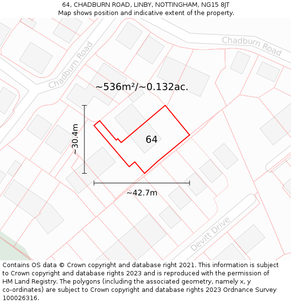 64, CHADBURN ROAD, LINBY, NOTTINGHAM, NG15 8JT: Plot and title map