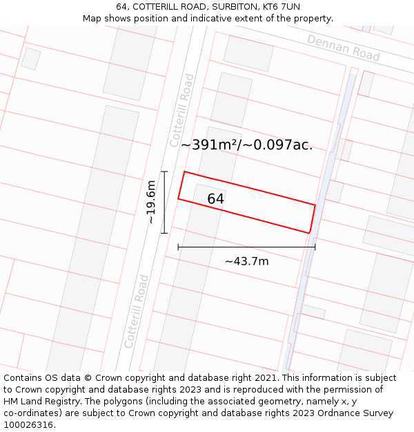 64, COTTERILL ROAD, SURBITON, KT6 7UN: Plot and title map