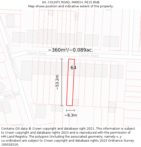 64, COUNTY ROAD, MARCH, PE15 8NB: Plot and title map