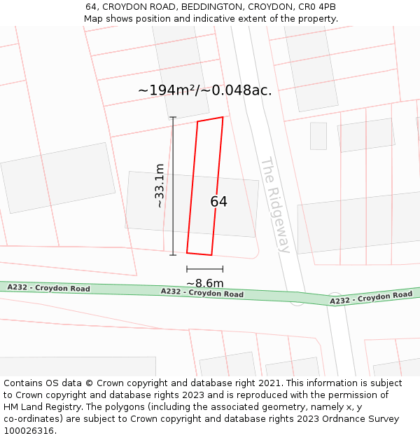 64, CROYDON ROAD, BEDDINGTON, CROYDON, CR0 4PB: Plot and title map