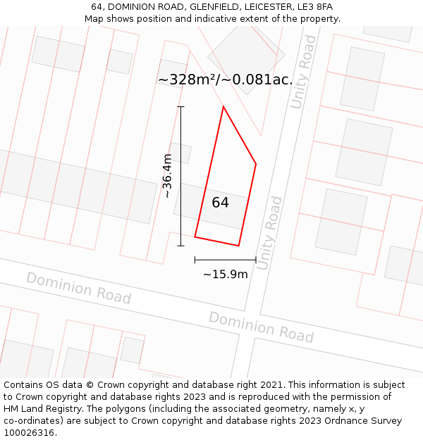 64, DOMINION ROAD, GLENFIELD, LEICESTER, LE3 8FA: Plot and title map
