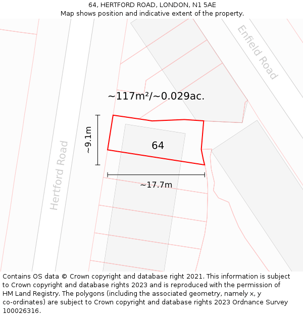 64, HERTFORD ROAD, LONDON, N1 5AE: Plot and title map