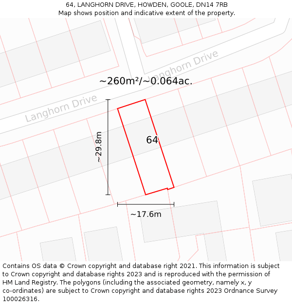 64, LANGHORN DRIVE, HOWDEN, GOOLE, DN14 7RB: Plot and title map