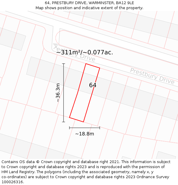 64, PRESTBURY DRIVE, WARMINSTER, BA12 9LE: Plot and title map