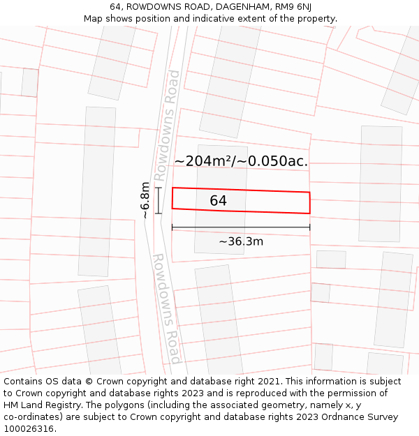 64, ROWDOWNS ROAD, DAGENHAM, RM9 6NJ: Plot and title map