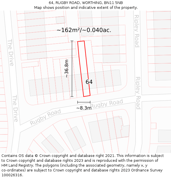 64, RUGBY ROAD, WORTHING, BN11 5NB: Plot and title map