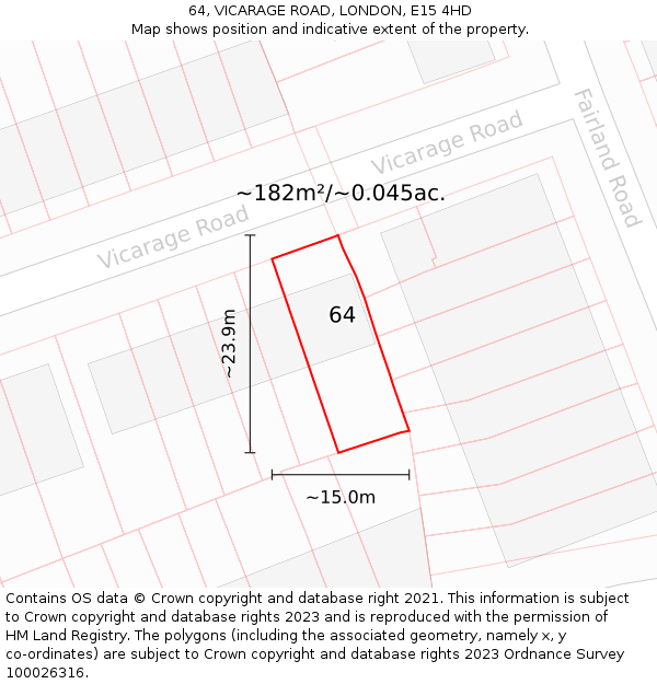64, VICARAGE ROAD, LONDON, E15 4HD: Plot and title map