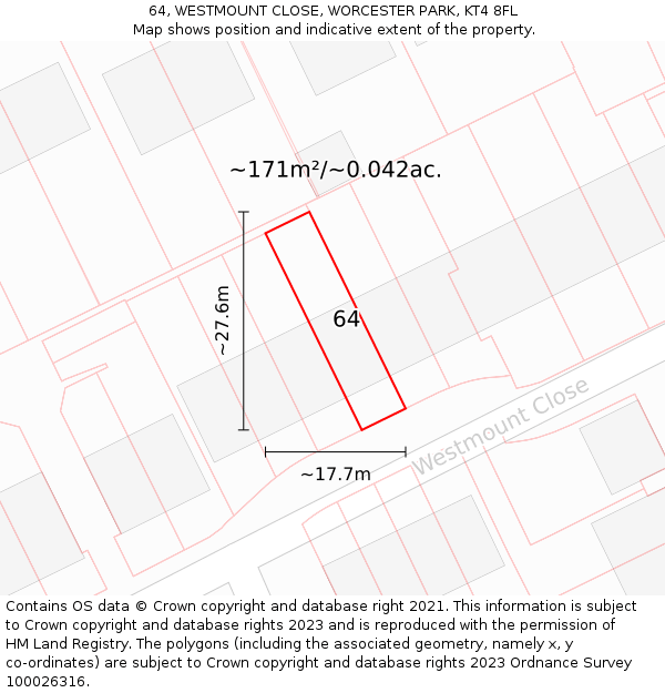 64, WESTMOUNT CLOSE, WORCESTER PARK, KT4 8FL: Plot and title map