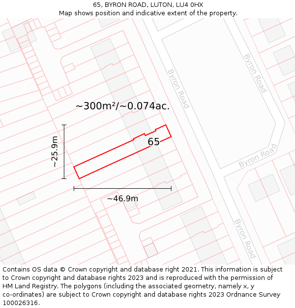 65, BYRON ROAD, LUTON, LU4 0HX: Plot and title map