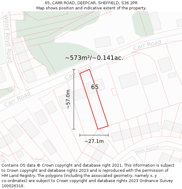 65, CARR ROAD, DEEPCAR, SHEFFIELD, S36 2PR: Plot and title map