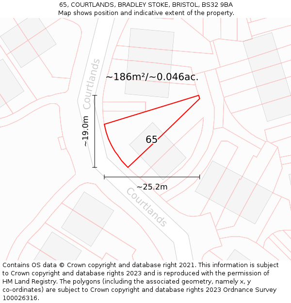 65, COURTLANDS, BRADLEY STOKE, BRISTOL, BS32 9BA: Plot and title map