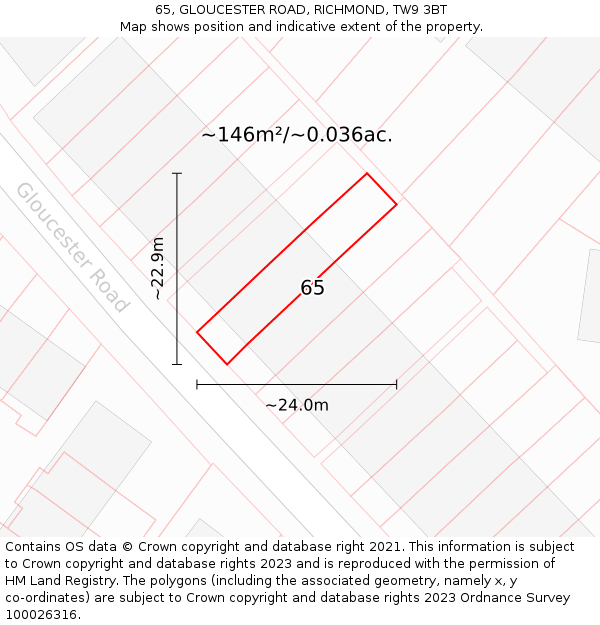 65, GLOUCESTER ROAD, RICHMOND, TW9 3BT: Plot and title map