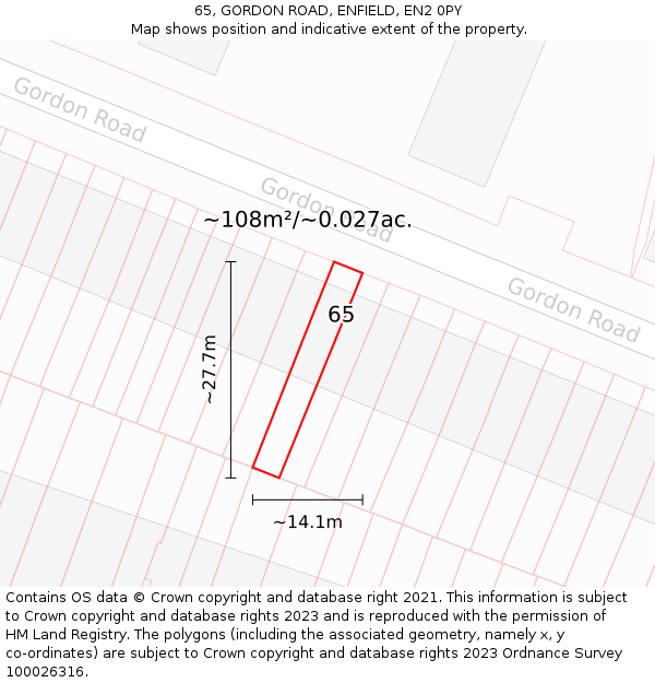 65, GORDON ROAD, ENFIELD, EN2 0PY: Plot and title map