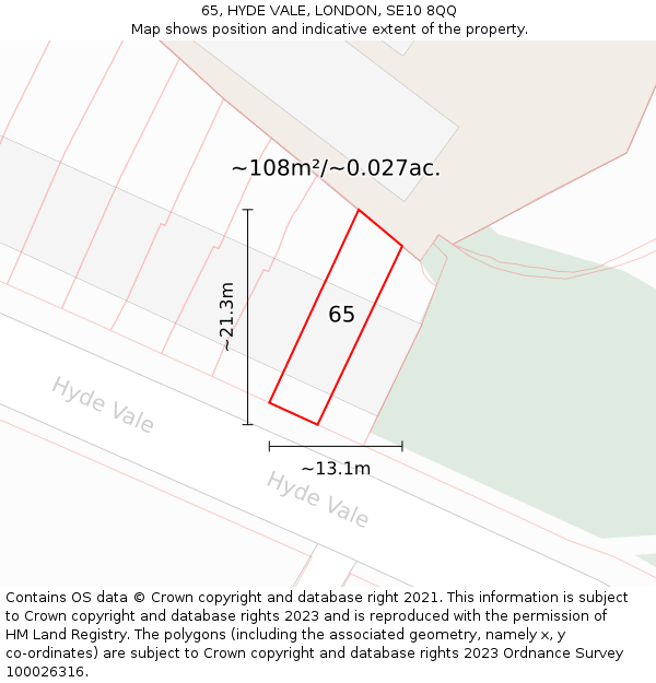 65, HYDE VALE, LONDON, SE10 8QQ: Plot and title map