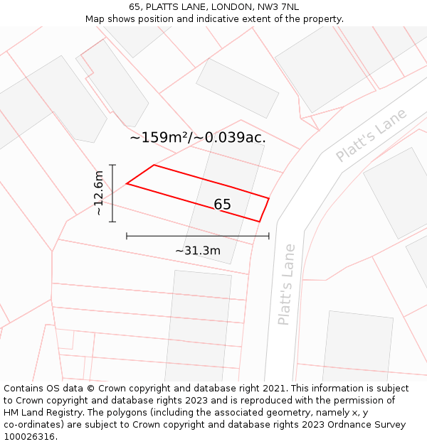 65, PLATTS LANE, LONDON, NW3 7NL: Plot and title map