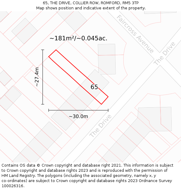 65, THE DRIVE, COLLIER ROW, ROMFORD, RM5 3TP: Plot and title map