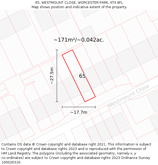 65, WESTMOUNT CLOSE, WORCESTER PARK, KT4 8FL: Plot and title map