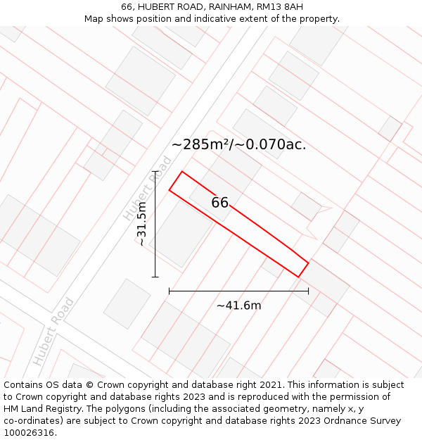 66, HUBERT ROAD, RAINHAM, RM13 8AH: Plot and title map