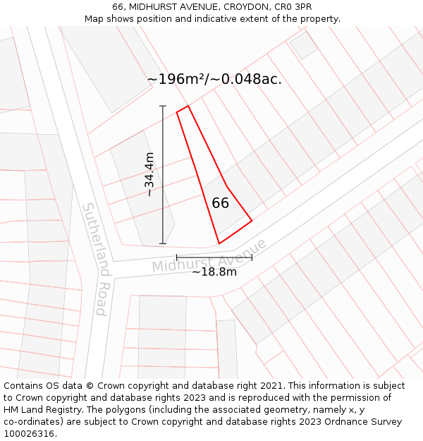 66, MIDHURST AVENUE, CROYDON, CR0 3PR: Plot and title map