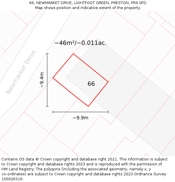 66, NEWMARKET DRIVE, LIGHTFOOT GREEN, PRESTON, PR4 0FD: Plot and title map