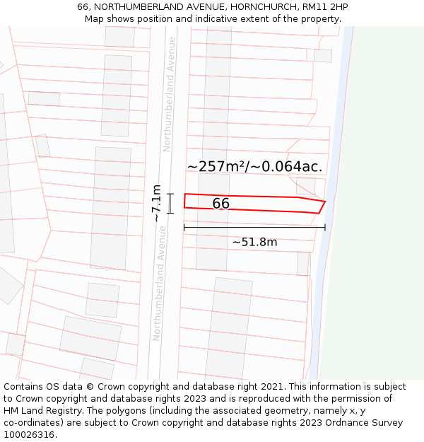 66, NORTHUMBERLAND AVENUE, HORNCHURCH, RM11 2HP: Plot and title map