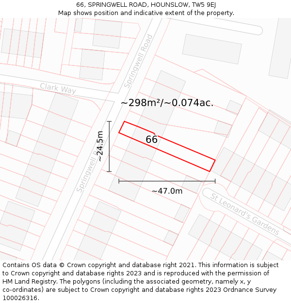 66, SPRINGWELL ROAD, HOUNSLOW, TW5 9EJ: Plot and title map