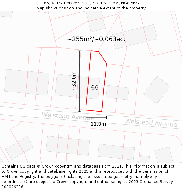 66, WELSTEAD AVENUE, NOTTINGHAM, NG8 5NS: Plot and title map