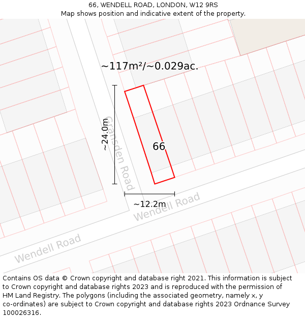 66, WENDELL ROAD, LONDON, W12 9RS: Plot and title map