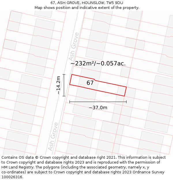 67, ASH GROVE, HOUNSLOW, TW5 9DU: Plot and title map