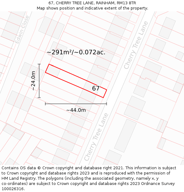 67, CHERRY TREE LANE, RAINHAM, RM13 8TR: Plot and title map