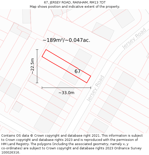 67, JERSEY ROAD, RAINHAM, RM13 7DT: Plot and title map