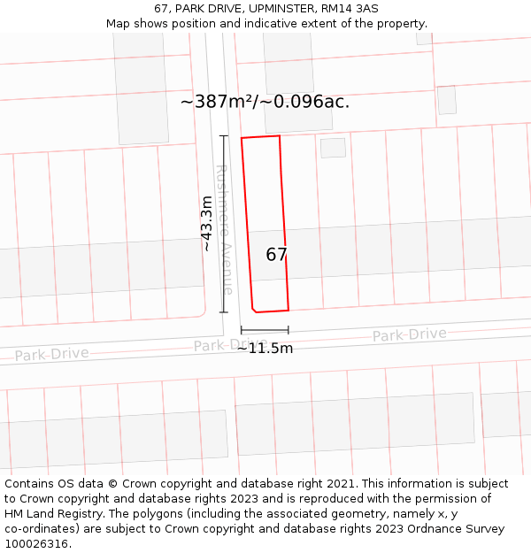 67, PARK DRIVE, UPMINSTER, RM14 3AS: Plot and title map