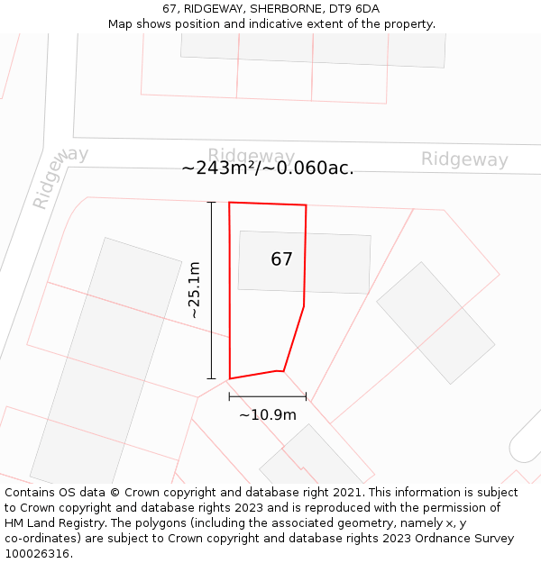 67, RIDGEWAY, SHERBORNE, DT9 6DA: Plot and title map