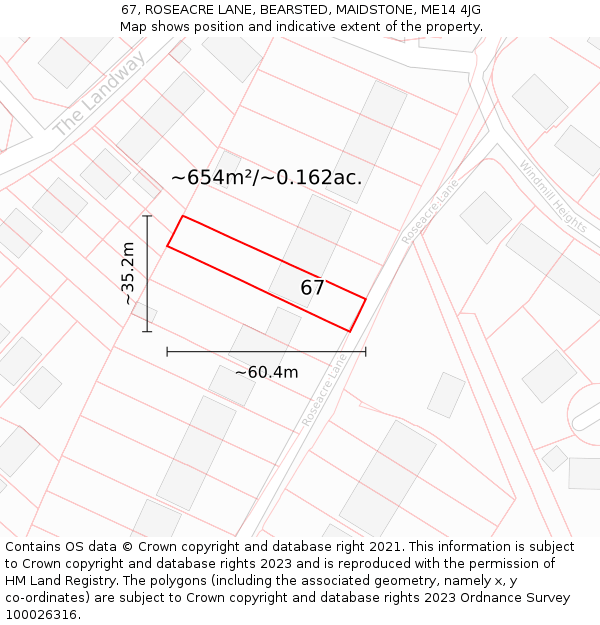 67, ROSEACRE LANE, BEARSTED, MAIDSTONE, ME14 4JG: Plot and title map