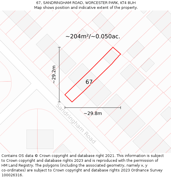 67, SANDRINGHAM ROAD, WORCESTER PARK, KT4 8UH: Plot and title map