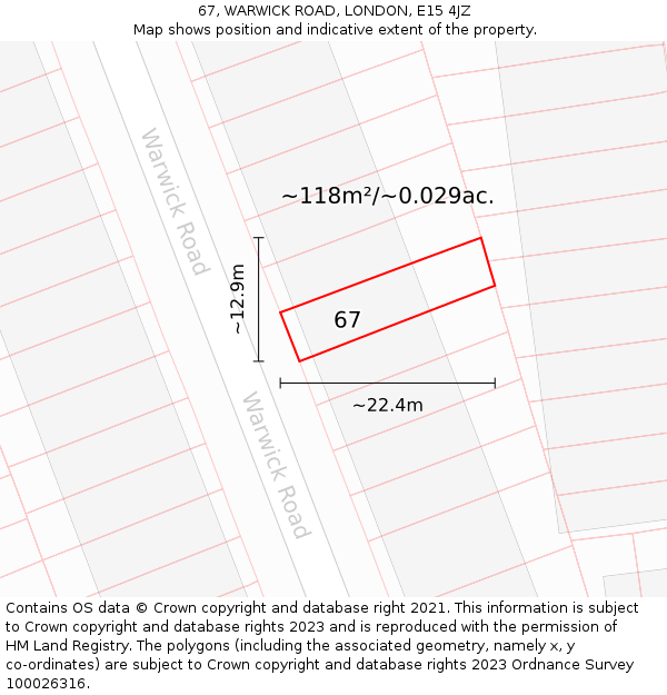 67, WARWICK ROAD, LONDON, E15 4JZ: Plot and title map