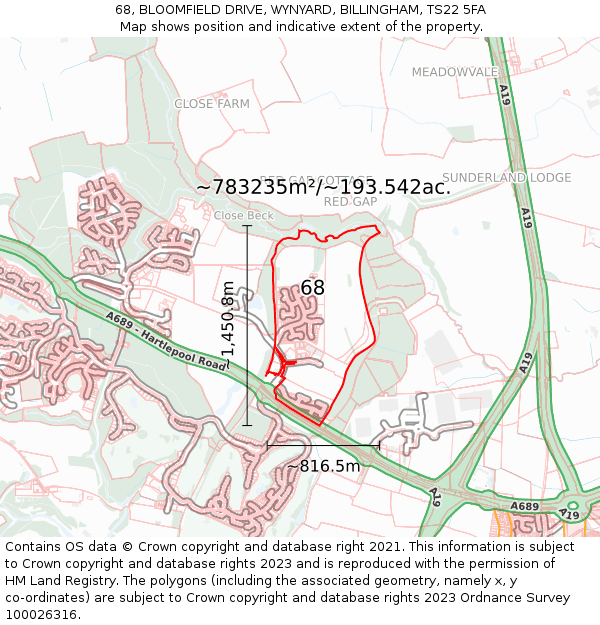 68, BLOOMFIELD DRIVE, WYNYARD, BILLINGHAM, TS22 5FA: Plot and title map