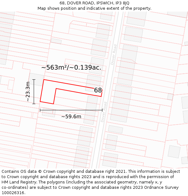 68, DOVER ROAD, IPSWICH, IP3 8JQ: Plot and title map