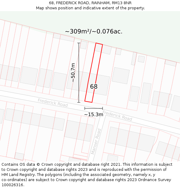 68, FREDERICK ROAD, RAINHAM, RM13 8NR: Plot and title map