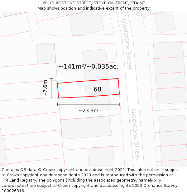 68, GLADSTONE STREET, STOKE-ON-TRENT, ST4 6JF: Plot and title map