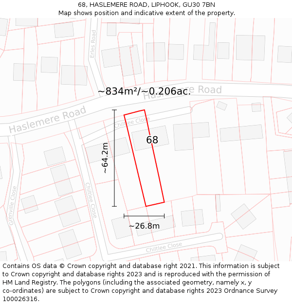 68, HASLEMERE ROAD, LIPHOOK, GU30 7BN: Plot and title map