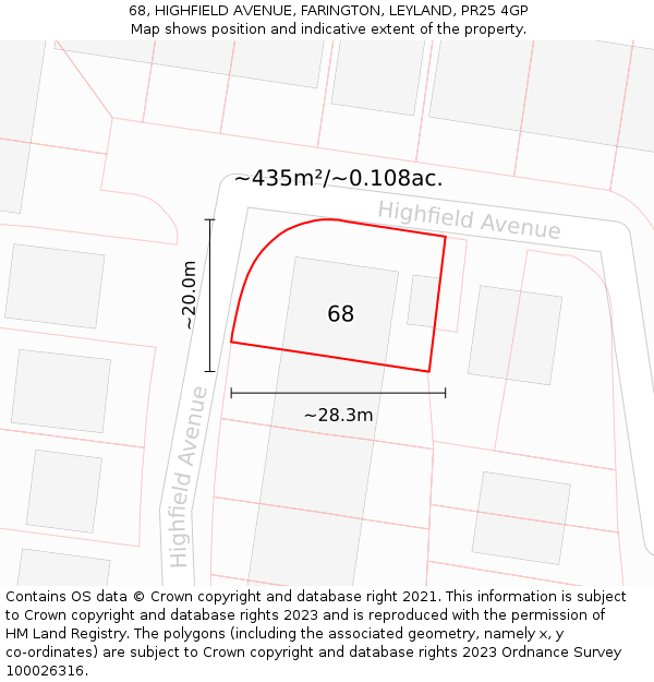 68, HIGHFIELD AVENUE, FARINGTON, LEYLAND, PR25 4GP: Plot and title map