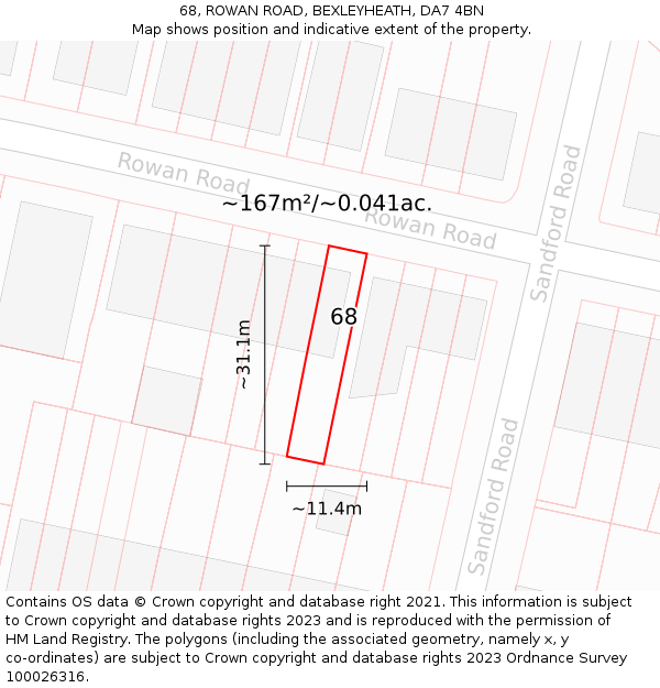 68, ROWAN ROAD, BEXLEYHEATH, DA7 4BN: Plot and title map