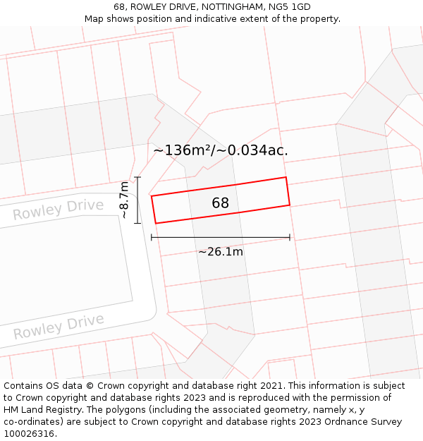 68, ROWLEY DRIVE, NOTTINGHAM, NG5 1GD: Plot and title map