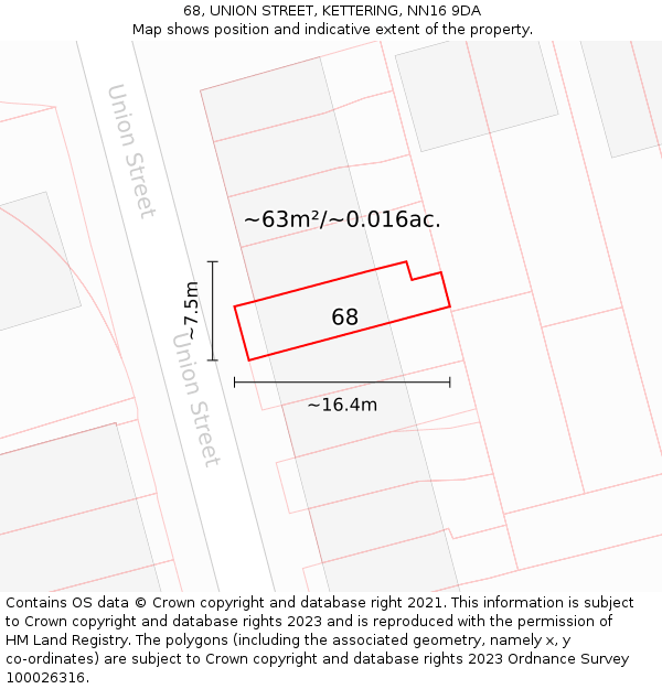 68, UNION STREET, KETTERING, NN16 9DA: Plot and title map